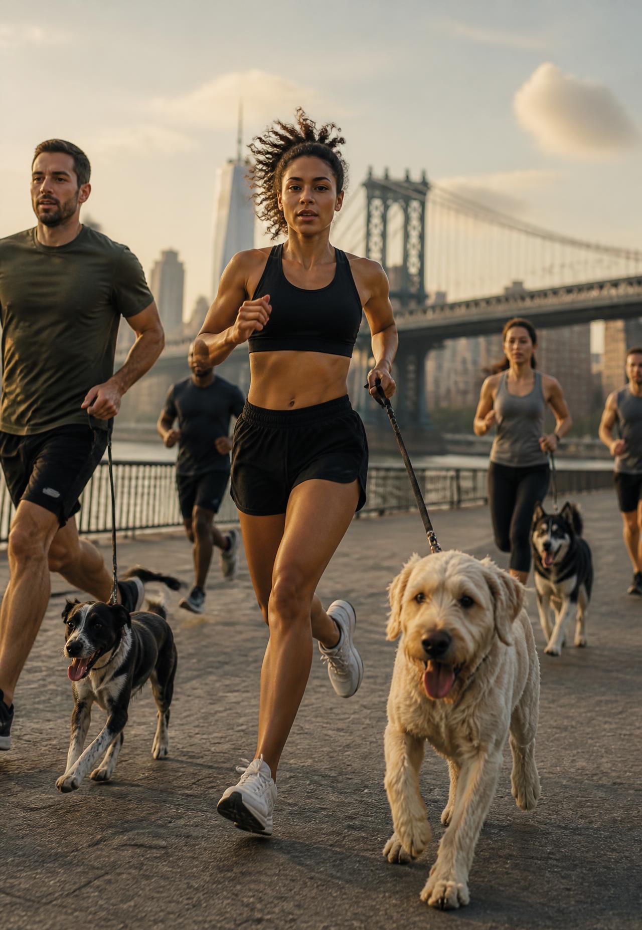 Runners moving together with their dogs along the New York City waterfront